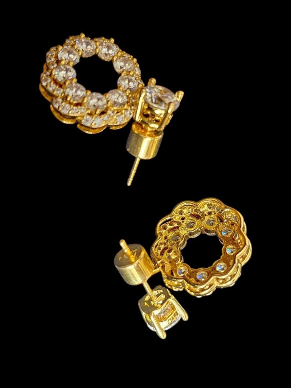 Gold Tone CZ Circle Drop Earrings Round Halo Dangle Statement Sparkle Prom - Picture 2 of 7